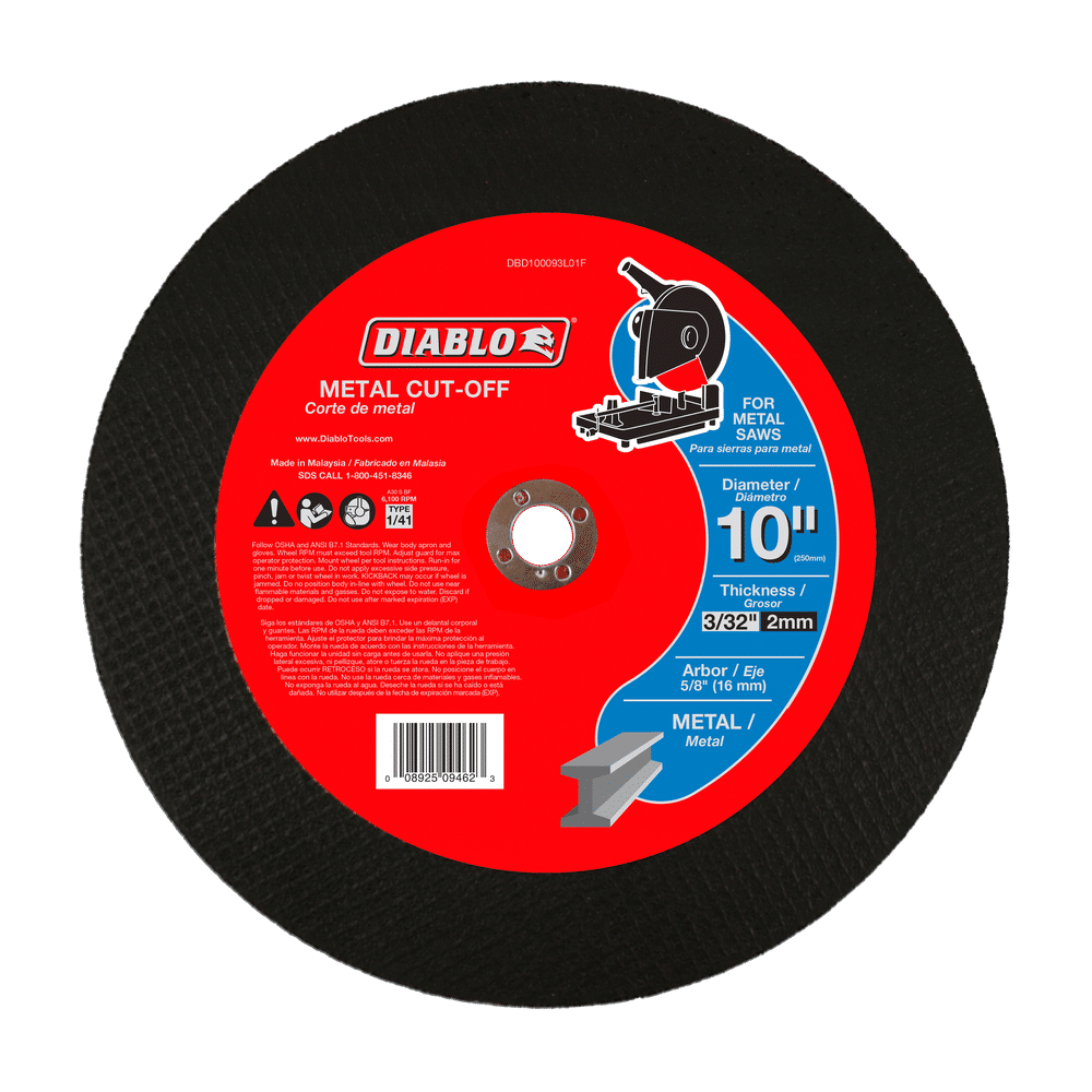 This image features a DIABLO DBD100093L01F metal cut-off disc, showcasing an aluminum oxide blend. The red label specifies its 10 diameter, 3/32 thickness, and 5/8 arbor size with a saw illustration, ideal for cutting metal.